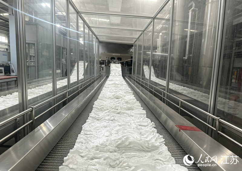恒逸集团生产车间,自动化传送带上的短纤。人民网 赵登岩摄